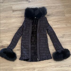 Black Textured Jacket with Fur Trim